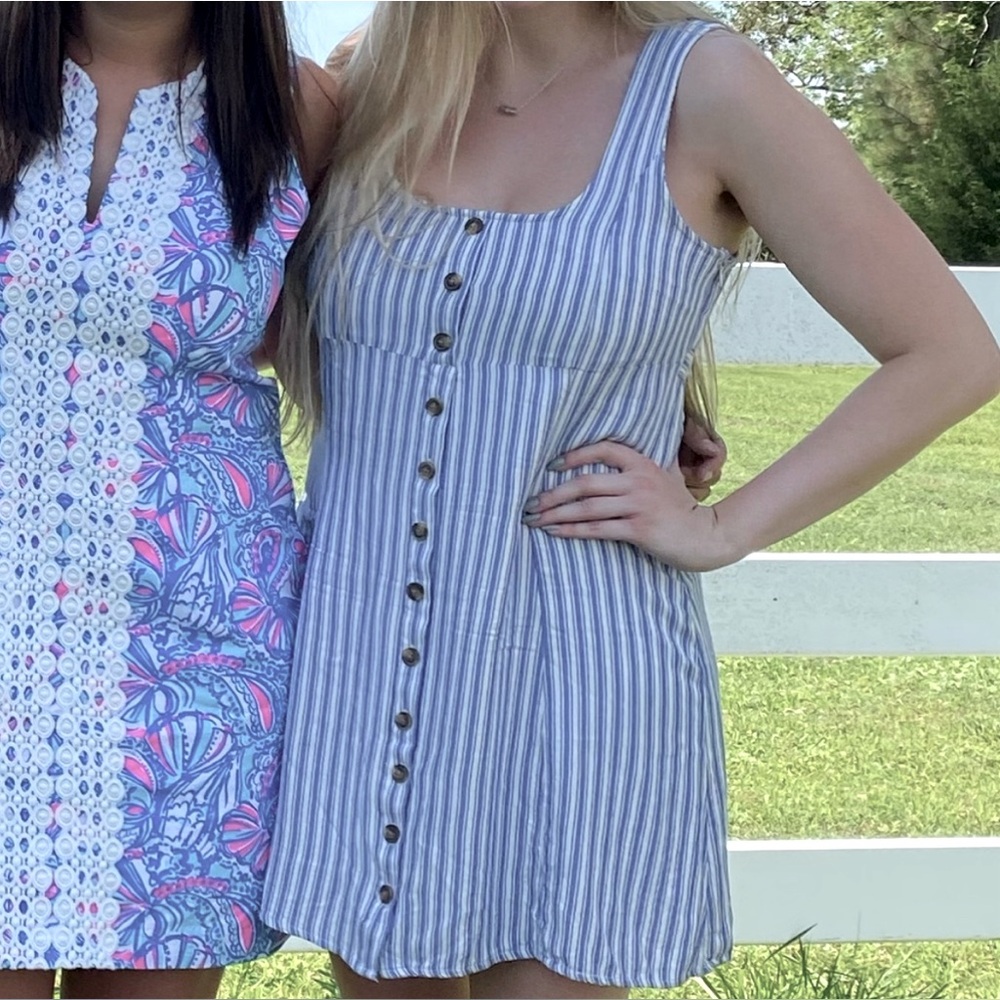 AMERICAN EAGLE Ladies Sundress SZ:XS Blue & Wht stripes w buttons & side zipper